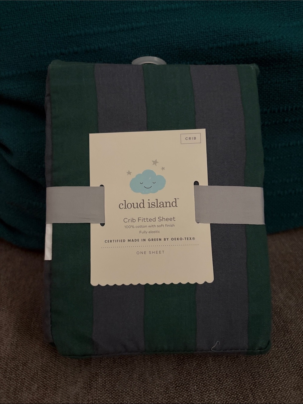 cloud island Striped Crib Sheet in Green and Gray